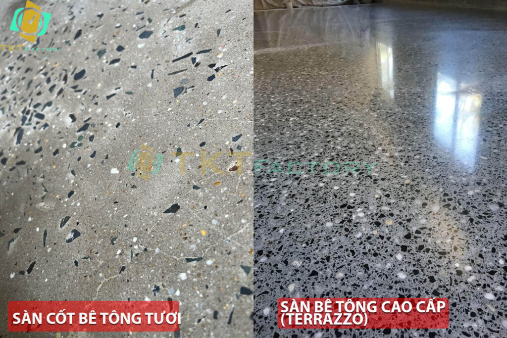 Hình ảnh: so sánh bề mặt giữa sàn bê tông tươi và sàn bê tông TKT Factory
